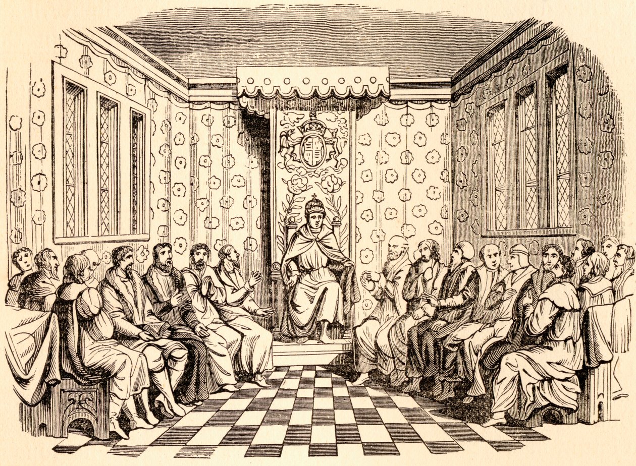 Król Anglii Edward VI i jego rada, według drzeworytu na stronie tytułowej Posągów z 1551 r., z „Historii pałacu Hampton Court w Tudor Times” autorstwa Ernesta Law, opublikowanej w Londynie 1885 r. autorstwa English School