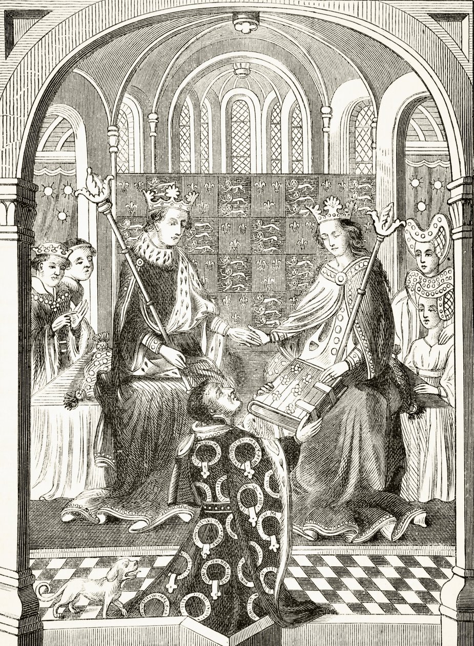 Król Anglii Henryk VI i jego królowa małżonka, Małgorzata Anjou na swoim dworze, z „The National and Domestic History of England” Williama Hickmana Smitha Aubreya (1858-1916) opublikowanej w Londynie, ok. 18 autorstwa English School