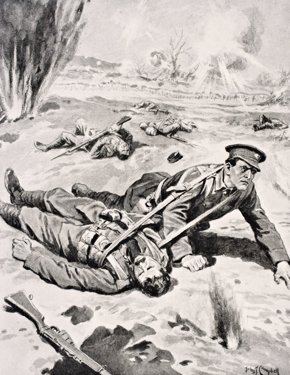 Lance-Corporal Joseph Tombs VC, z jednym z czterech rannych towarzyszy, których uratował pod Armentieres we Francji, 16 czerwca 1915, z „The War Illustrated Album deLuxe”, opublikowanego w Londynie, 1916 autorstwa English School