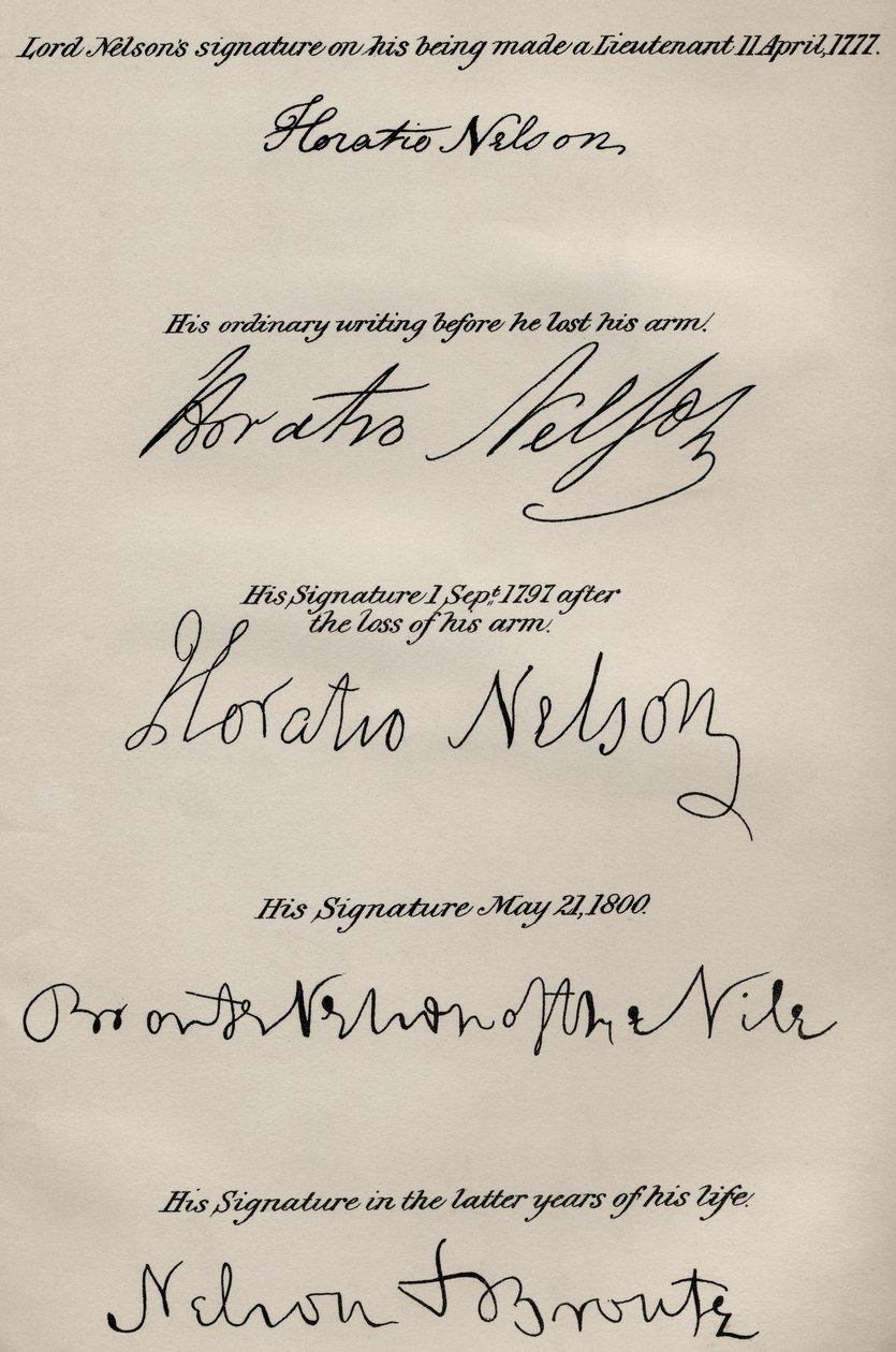 Podpisy Lorda Nelsona przed i po utracie prawej ręki, z „Życia Nelsona” Roberta Southeya (1774-1843) opublikowanego po raz pierwszy w 1813 r. (szczegóły w 234260 i 237021) autorstwa English School