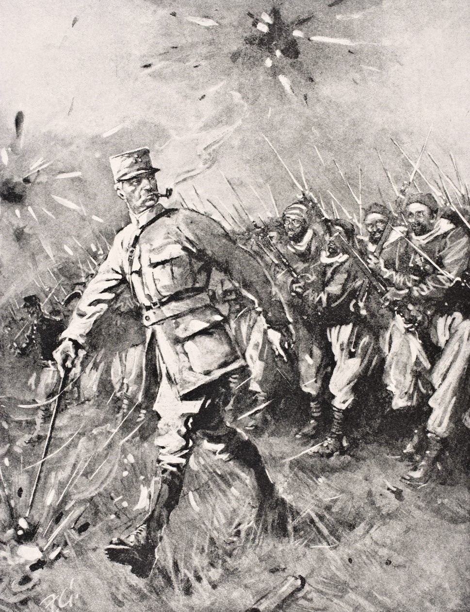 Major Jean-Baptiste Marchand z fajką w ustach i laską w ręku prowadzi jednostki Zouave i Maroka przeciwko niemieckiemu wrogiemu Frontowi Zachodniemu 1915, z „The War Illustrated Album deLuxe”, opublikowanego w Londynie, 1916 ( autorstwa English School