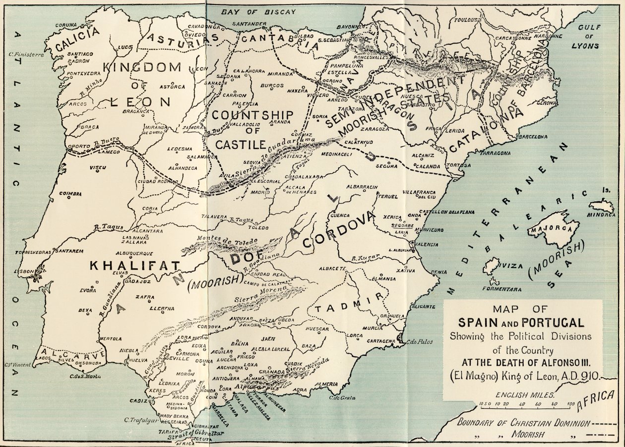 Mapa Hiszpanii i Portugalii przedstawiająca podziały polityczne w kraju po śmierci Alfonsa III, króla Leonu, z „Hiszpania: Podsumowanie historii Hiszpanii od podboju Maurów do upadku G autorstwa English School