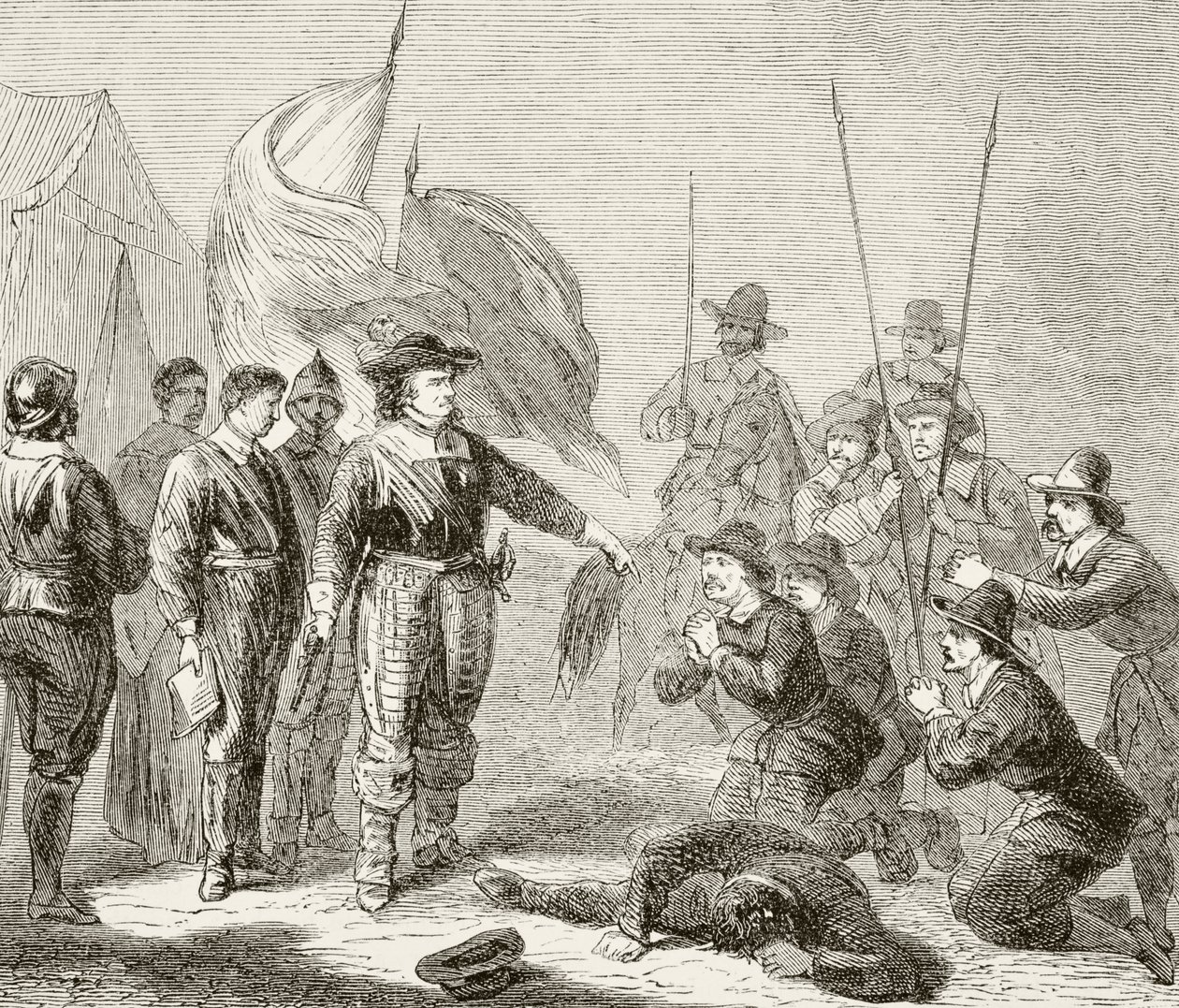 Oliver Cromwell tłumiący bunt niwelatorów w armii, 1649, z „The National and Domestic History of England” Williama Hickmana Smitha Aubreya (1858-1916) opublikowanej w Londynie, ok. 1890 autorstwa English School