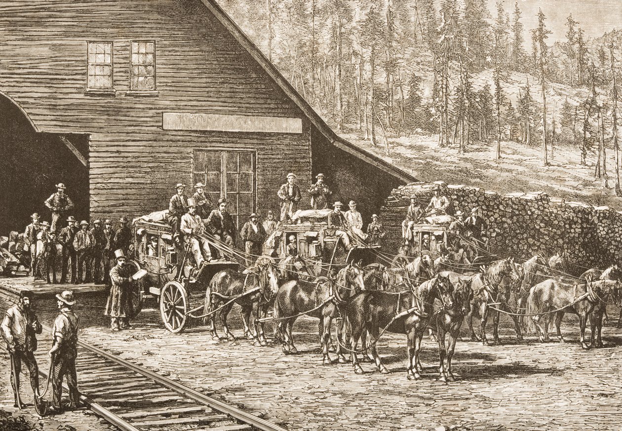 Stacja Reno na Central Pacific Railway, ok. 1870, z „Amerykańskich obrazów” wydanych przez Towarzystwo Religijne Traktu, 1876 (rycina) autorstwa English School