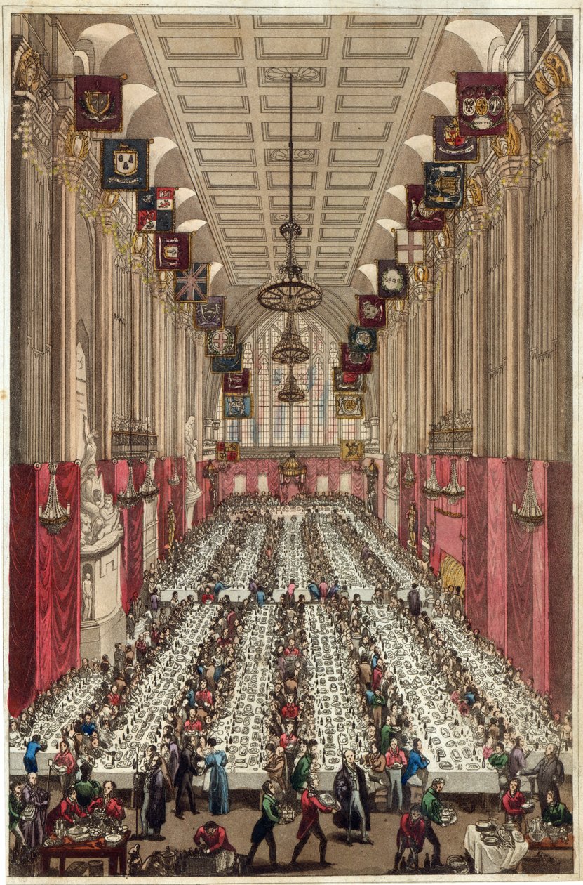 Reprezentacja wnętrza Guildhall z okazji wizyty króla i królowej na kolacji inauguracyjnej Ald. Klucz do burmistrza Londynu, 9 listopada 1830 r autorstwa English School