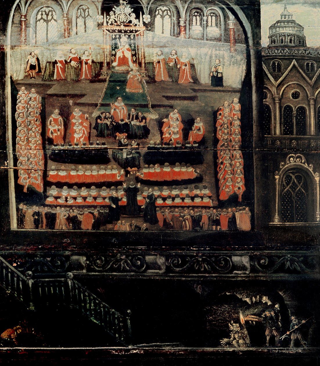 Prawa strona dyptyku przedstawiająca Parlament Jakuba I Anglii, VI Szkocji (1566-1625) i spisek prochowy, szczegół prochowych ploterów z prawego dolnego rogu (olej na s. autorstwa English School