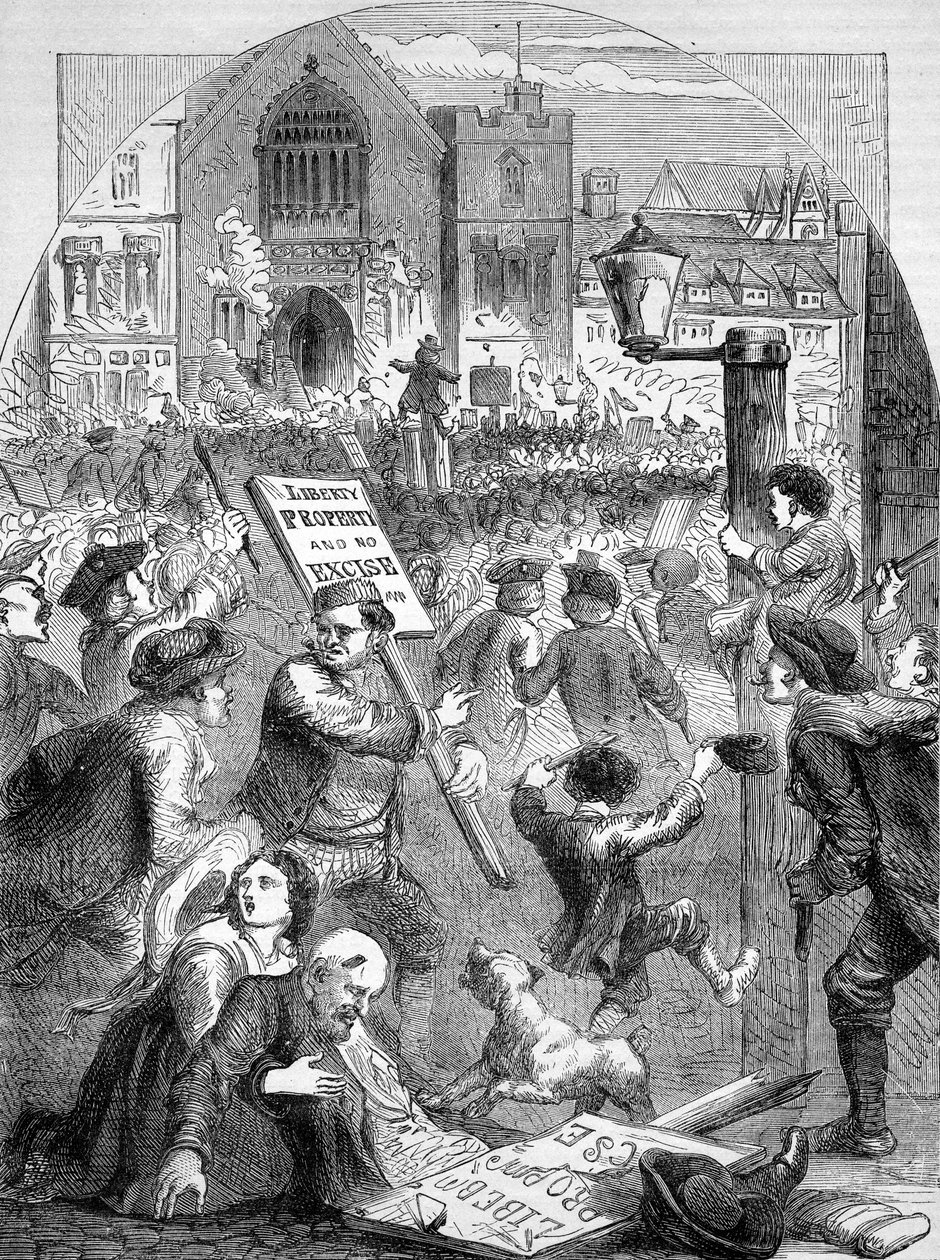 Riotous Assembly przed Parlamentem w sprawie wprowadzenia systemu akcyzy, ilustracja z „The People