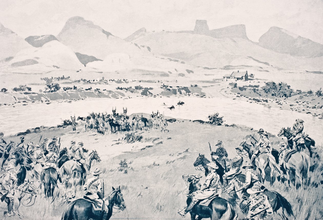 Afryka Południowa. Żołnierze Beyera poddają się nad rzeką Vaal po buncie w Maritz, 8 grudnia 1914, z „The War Illustrated deLuxe”, opublikowanej w Londynie, 1916 autorstwa English School
