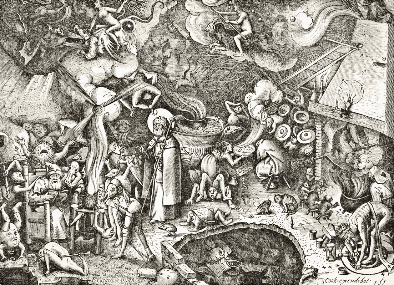 Św. Jakub Starszy walczący z diabolicznymi zaklęciami maga, wyryty w XVI wieku według kompozycji Bruegla Starszego z „Nauka i literatura średniowiecza” Pau autorstwa English School