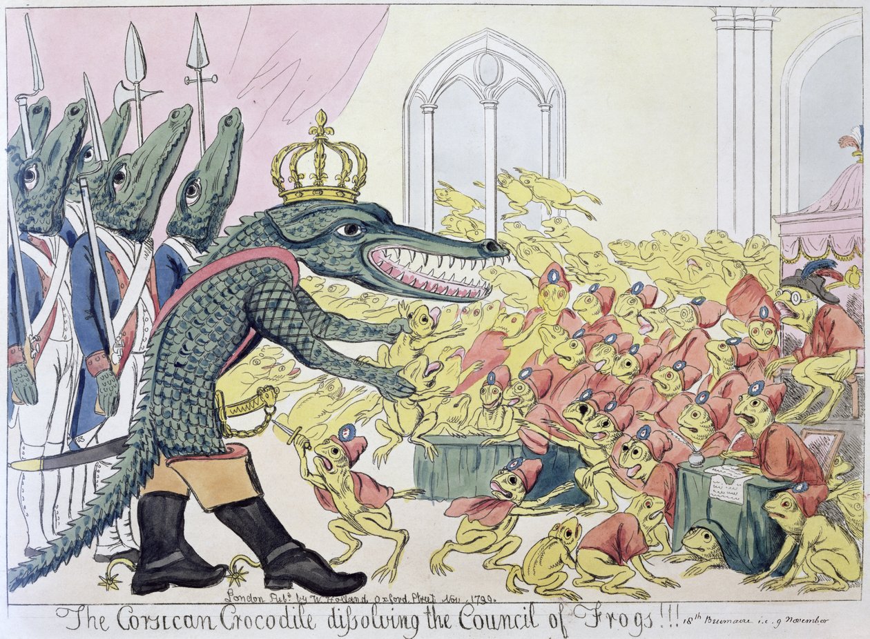 Krokodyl korsykański rozwiązujący Radę Żab, 9 listopada 1799 (lito) autorstwa English School