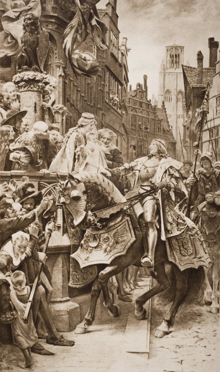 Cesarz Maksymilian I i jego żona, Maria Burgundzka, z pierworodnym, Filipem z Gandawy, ilustracja z „Zarysu historii” H.G. Wellsa, tom II, opublikowany w 1920 r. (lit. autorstwa English School