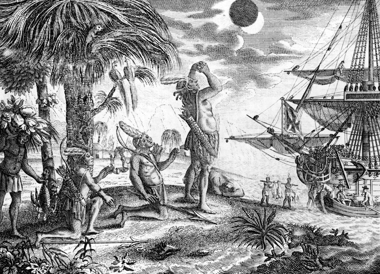 Indianie zdumieni zaćmieniem księżyca przepowiedzianym przez Kolumba, ilustracja z „A New Universal Collection of Authentic and Entertaining Voyages and Travels” Edwarda George