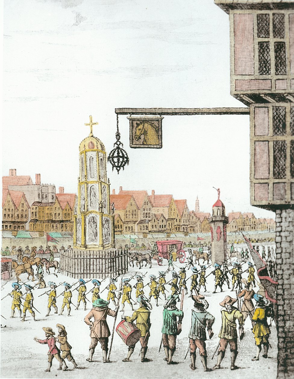 The Procession of Marie de Medici along Cheapside, 1638, opublikowane przez Williama Herberta (1771-1851) i Roberta Wilkinsona (fl.1785-1825) 1809 (detal z 257497) (późniejsza koloryzacja) autorstwa English School