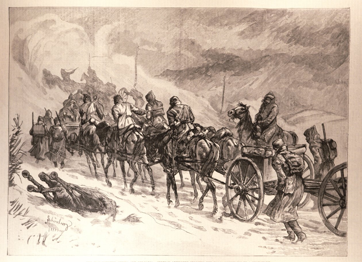 Wojna między Serbią a Bułgarią: artyleria serbska przekraczająca góry Ploca podczas burzy śnieżnej, ze szkicu J. Schonberga, z „The Illustrated London News”, 16 stycznia 1886 autorstwa English School