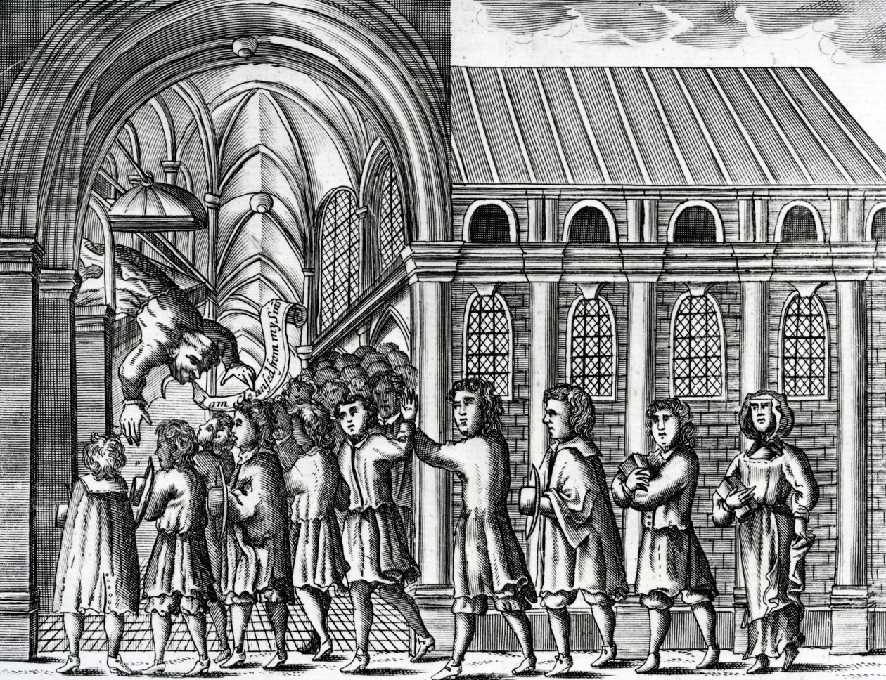 Opis kapłana papieskiego, który po odebraniu chwały i urzędu Chrystusowego upadł nagle i umarł, ilustracja z „Księgi Męczenników Lisa” tom. III, opublikowany 1684 (wydruk autorstwa English School