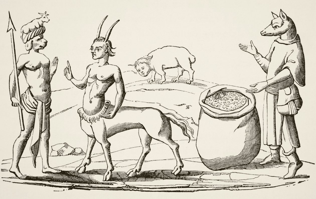 Człowiek-pies, człowiek-wilk, człowiek-byk i człowiek-świnia, po miniaturze to „Livre des Merveilles du Monde” z XIV wieku, z „Nauka i literatura w średniowieczu” Paula Lacroix, 1978 ( Li autorstwa English School