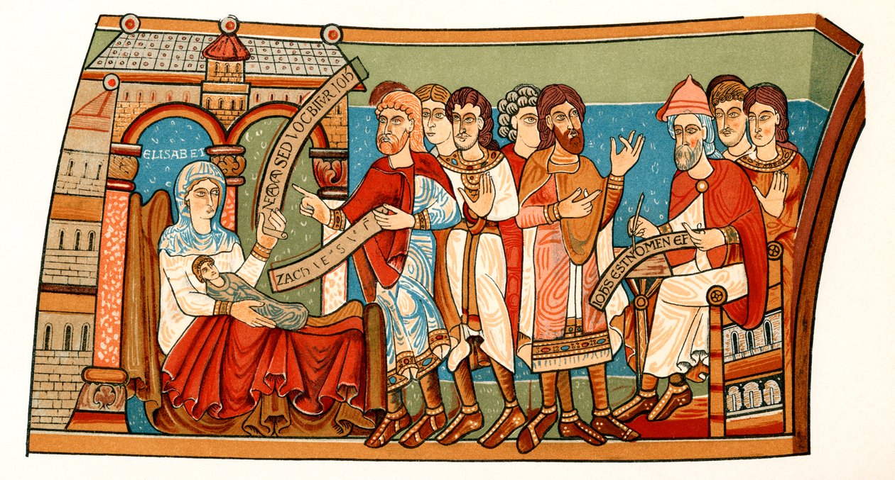 Imię św. Jana Chrzciciela, po XII-wiecznym malowidle ściennym w krypcie katedry w Canterbury, z „Krótkiej historii ludu angielskiego” J.R. Greena, opublikowanej w 1893 r. autorstwa English School