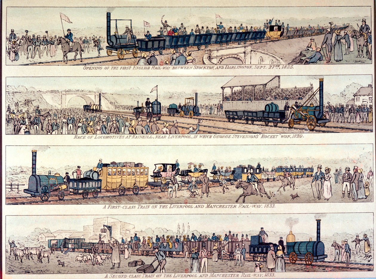 Otwarcie kolei Stockton i Darlington, 1825; Wyścig lokomotyw w Rainhill, niedaleko Liverpoolu, wygrany przez „Rocket” George