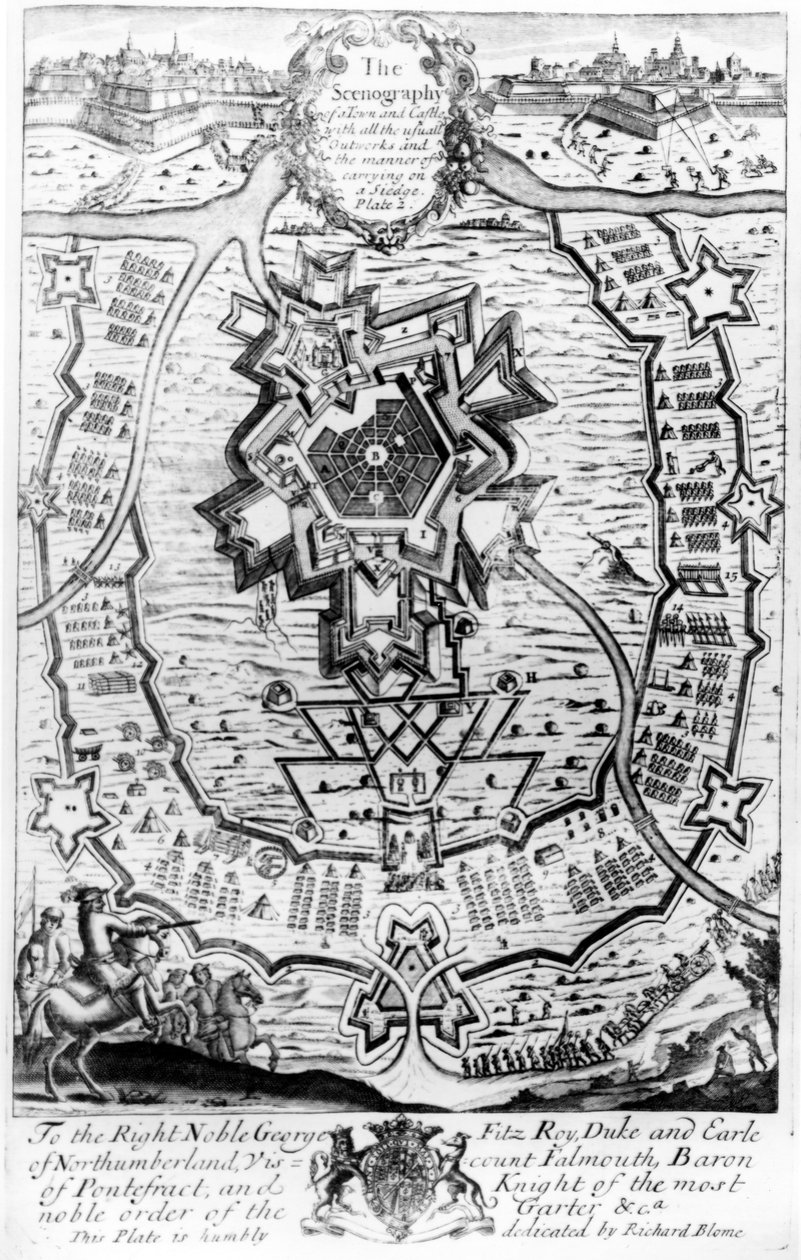 Scenografia miasta i zamku ze wszystkimi zwykłymi wyrobami i sposobem przeprowadzenia oblężenia, z „Rekreacji dżentelmenów” wydanej przez Richarda Blome