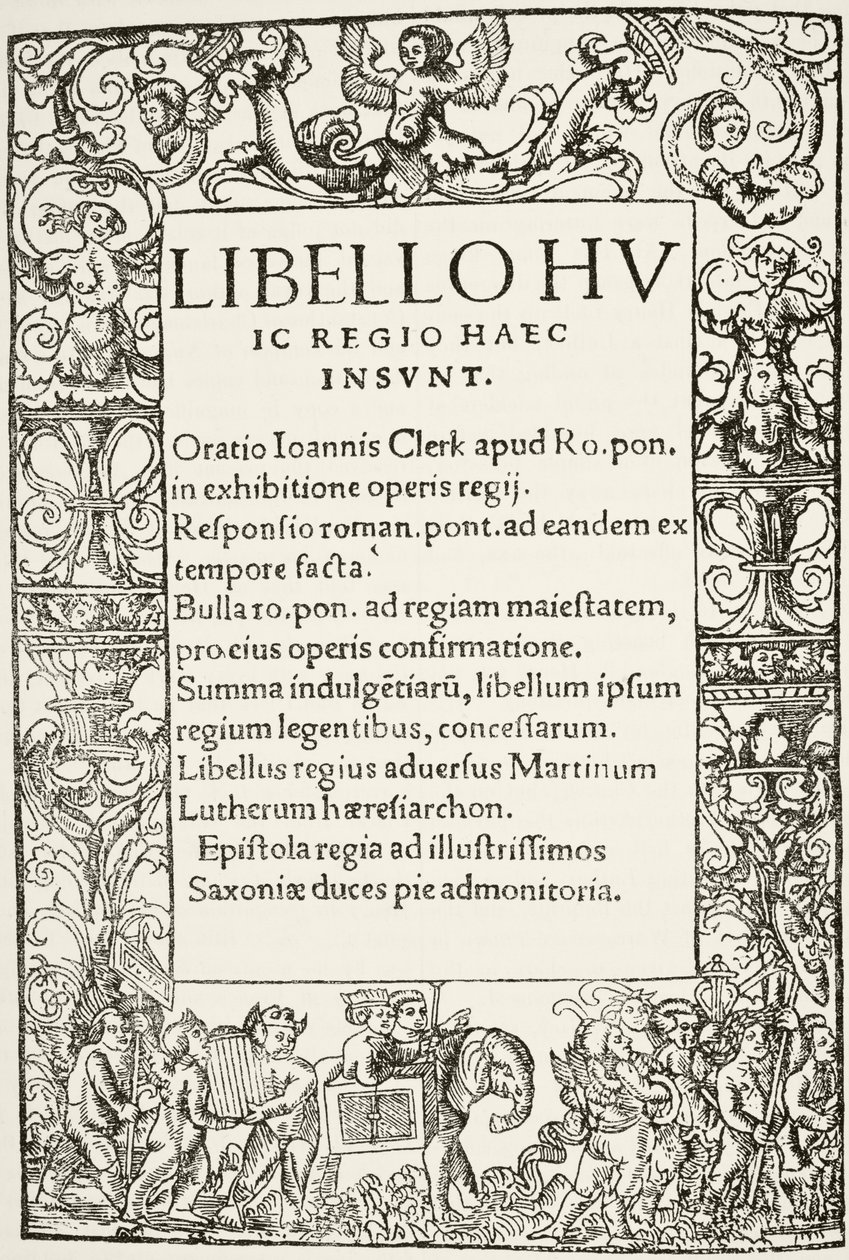 Strona tytułowa z książki „Obrona siedmiu sakramentów” króla Henryka VIII, wydrukowanej przez Richarda Pynsona w 1521 r., z „The National and Domestic History of England” Williama Hickmana Smitha Aubreya (1858-1916) pu autorstwa English School