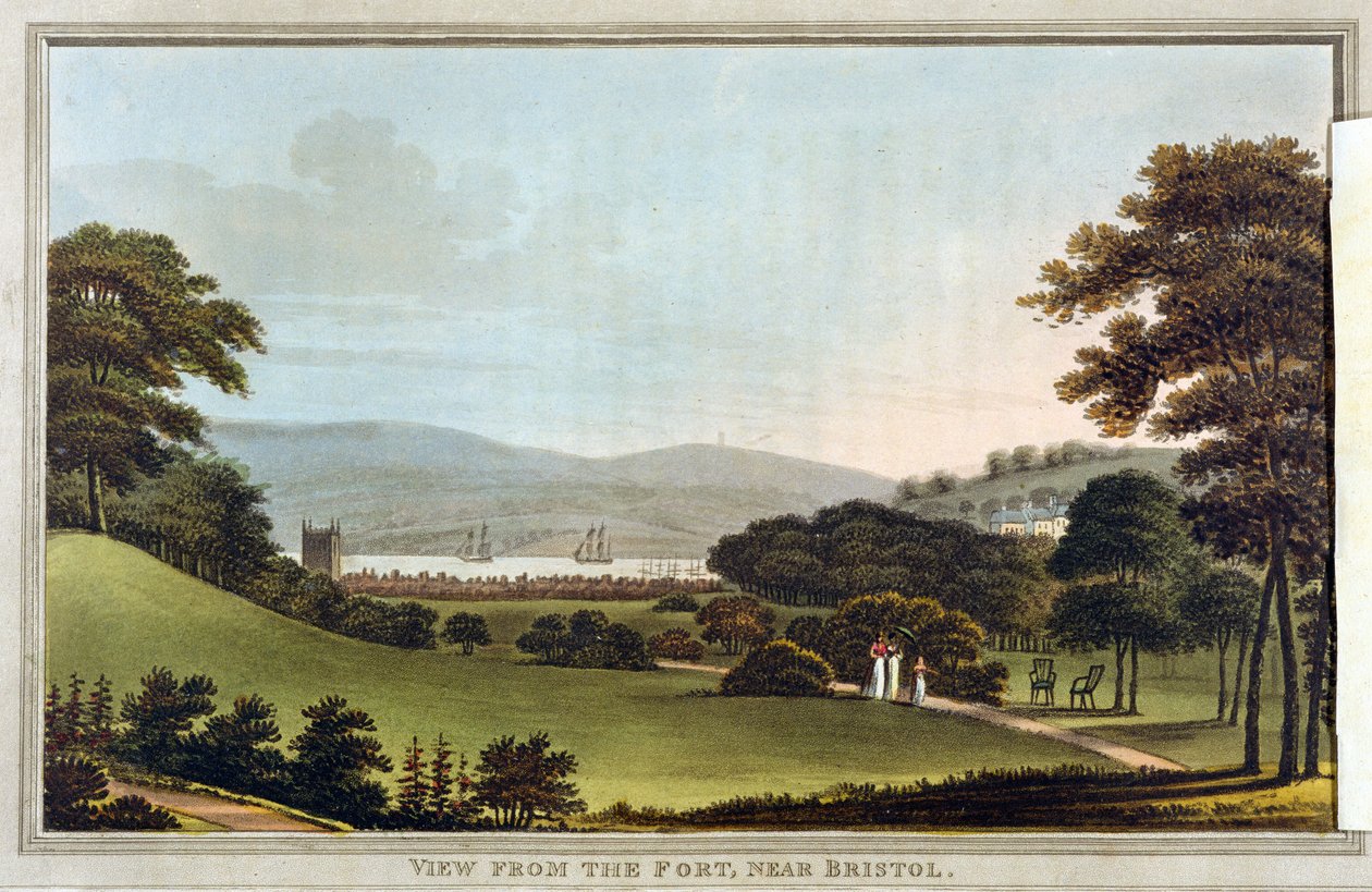 Widok z Fortu, niedaleko Bristolu, z „Observations on the Theory and Practice of Landscape Gardening Humphrey Repton (1752-1818) (kolorowa akwatinta bez nakładki) (patrz także 245523) autorstwa English School