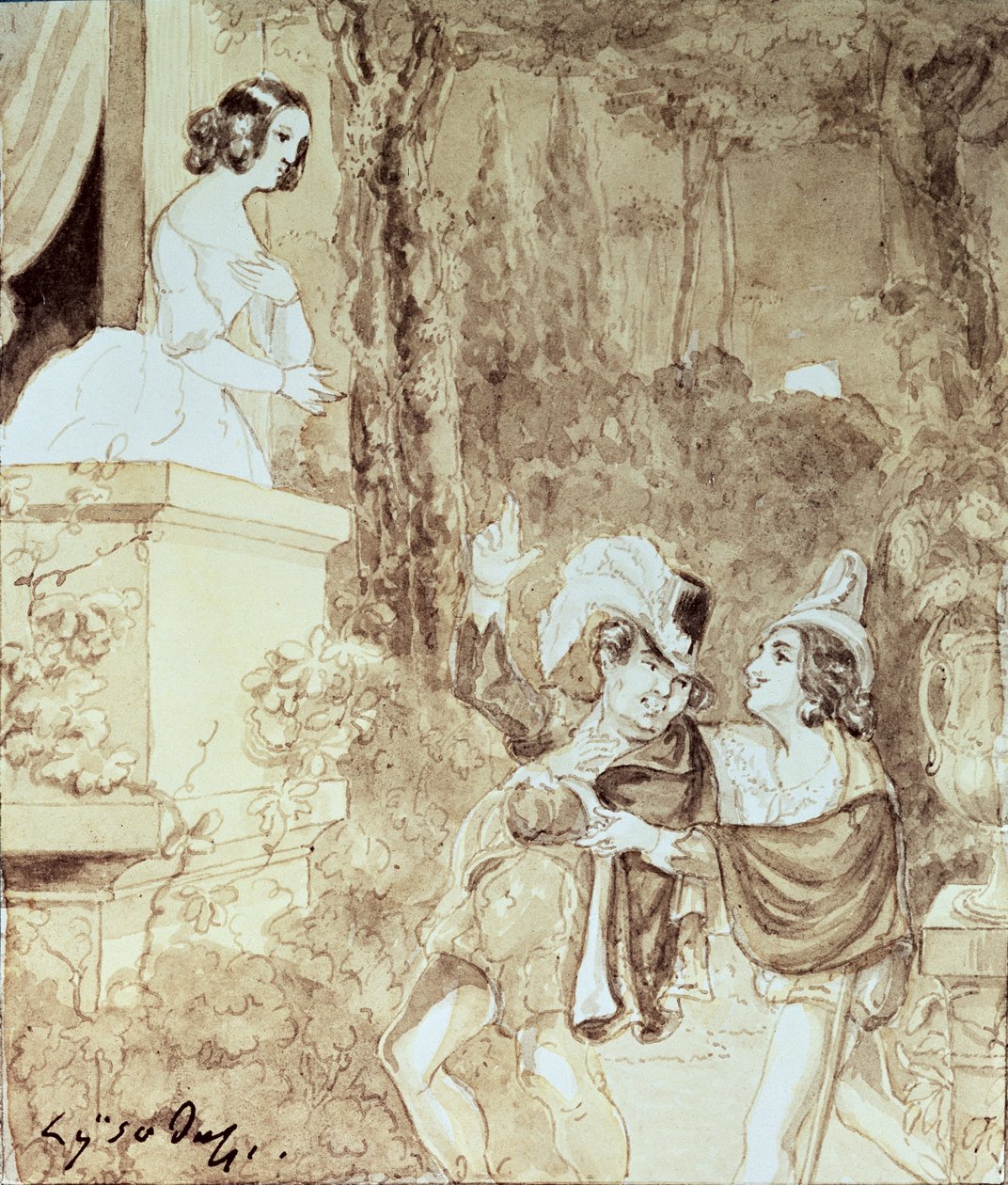 Leporello serenada Elvirę w przebraniu stojącego za nim Don Giovanniego (Don Juan), Akt II, scena I, z „Don Giovanniego” Wolfganga Amadeusza Mozarta (1756-91) (pióro i pranie) autorstwa Austrian School