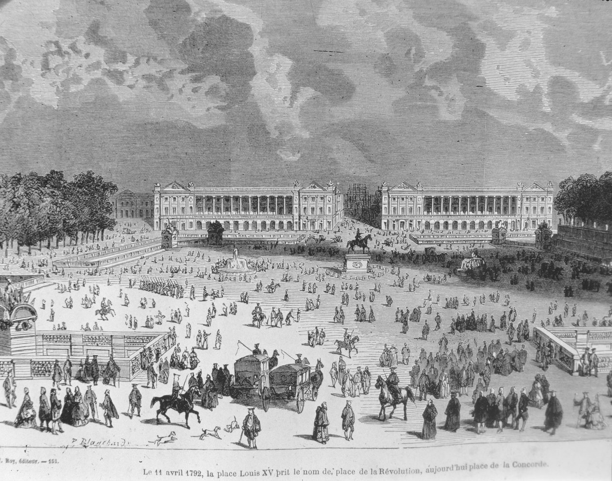 11 kwietnia 1792 roku, Place Louis XV został przemianowany na Place de la Revolution, a dziś nosi nazwę Place de la Concorde, ilustracja z "Paris a travers les siecles". Tome 3. autorstwa H. Gourdon de Genouillac, 188 autorstwa Blanchard