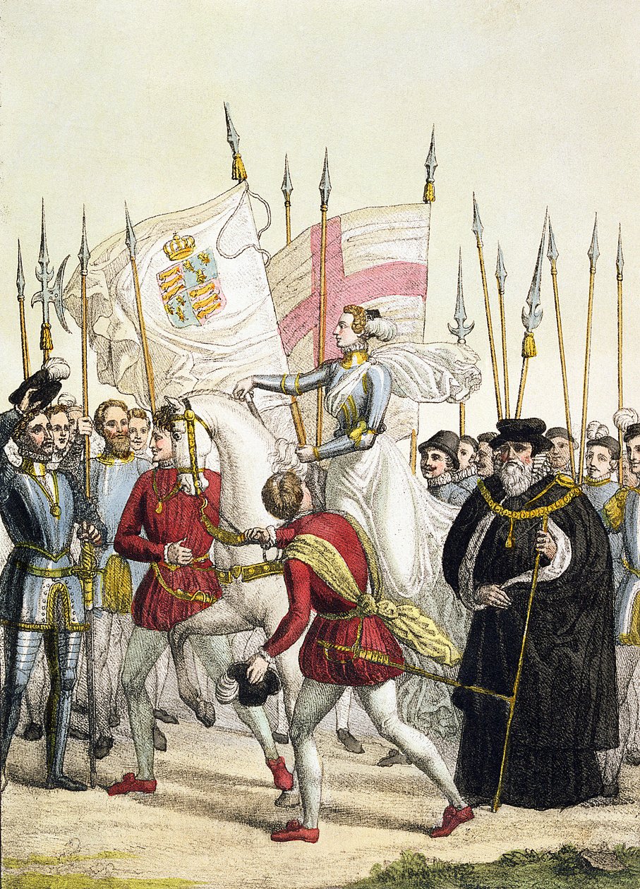 Królowa Elżbieta I (1530-1603) Zbieranie wojsk w Tilbury przed nadejściem hiszpańskiej Armady, 1588, płyta 12 z „Le Costume Ancien et Moderne” Julesa Ferrario, wydana w latach 1820-30 (kolor autorstwa G. Bramati
