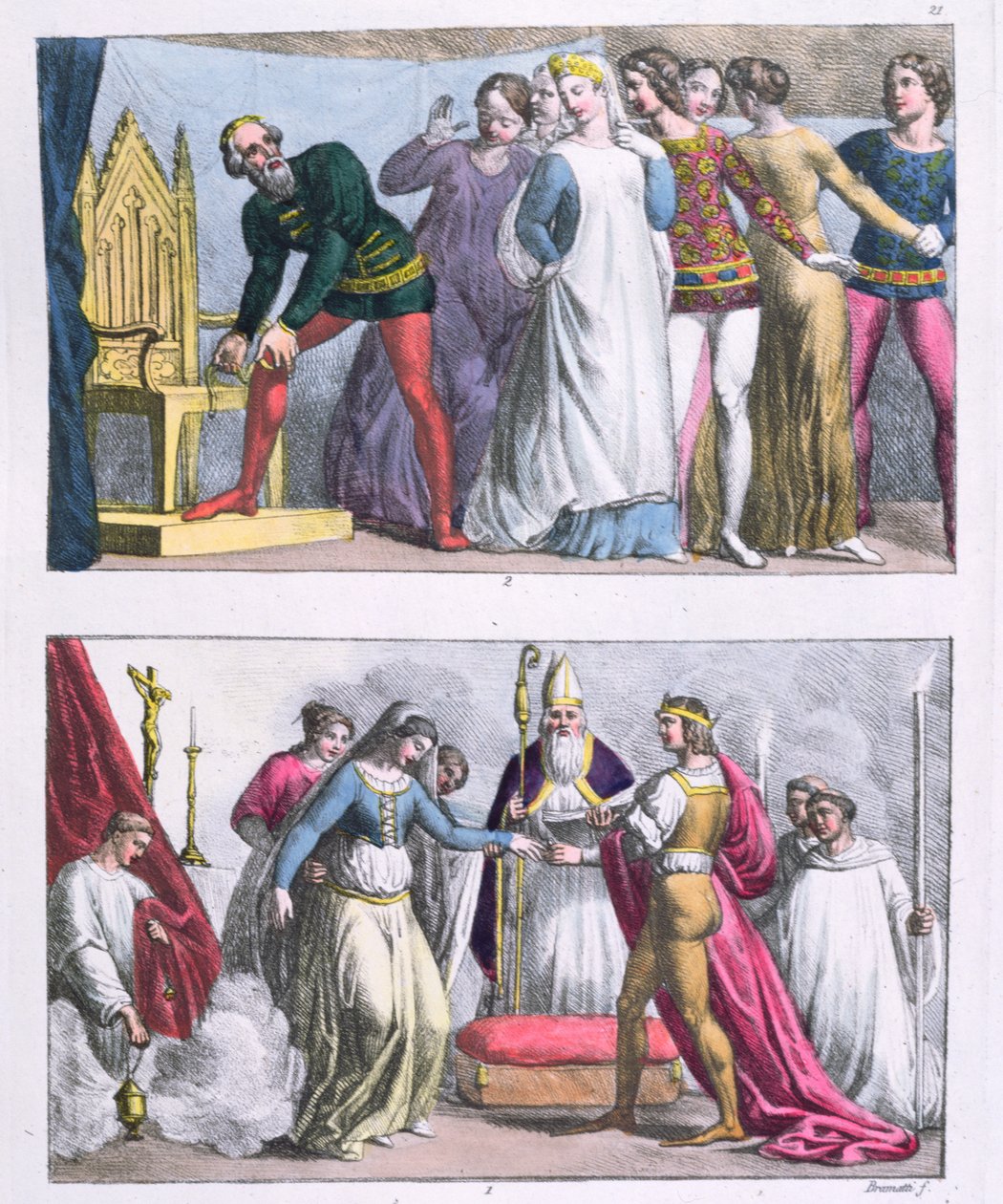 Ustanowienie Orderu Podwiązki przez Edwarda III (1312-77) w 1348 r. i małżeństwo Henryka I (1068-1135), z „Le Costume Ancien et Moderne” Julesa Ferrario, ok. 1820 (rycina kolorowa) autorstwa G. and Raineri Bramatti