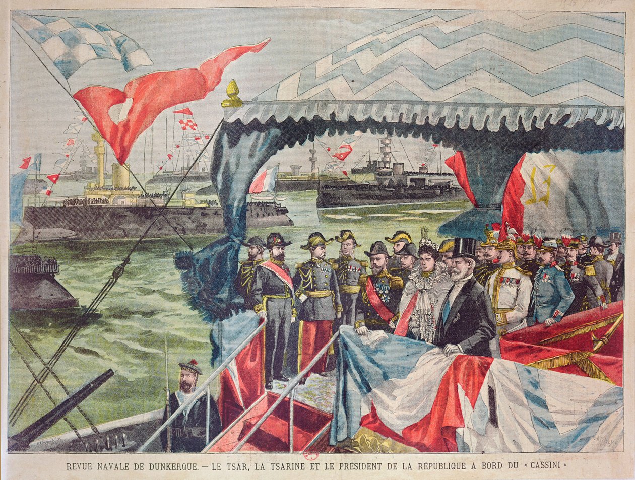Przegląd marynarki wojennej w Dunkierce: Car Mikołaj II z żoną carycą Aleksandrą z prezydentem Loubetem na pokładzie kanonierki torpedowej „Cassini”, ilustracja z „Le Petit Parisien”, 22 września 1901 r. (kolor autorstwa Carrey