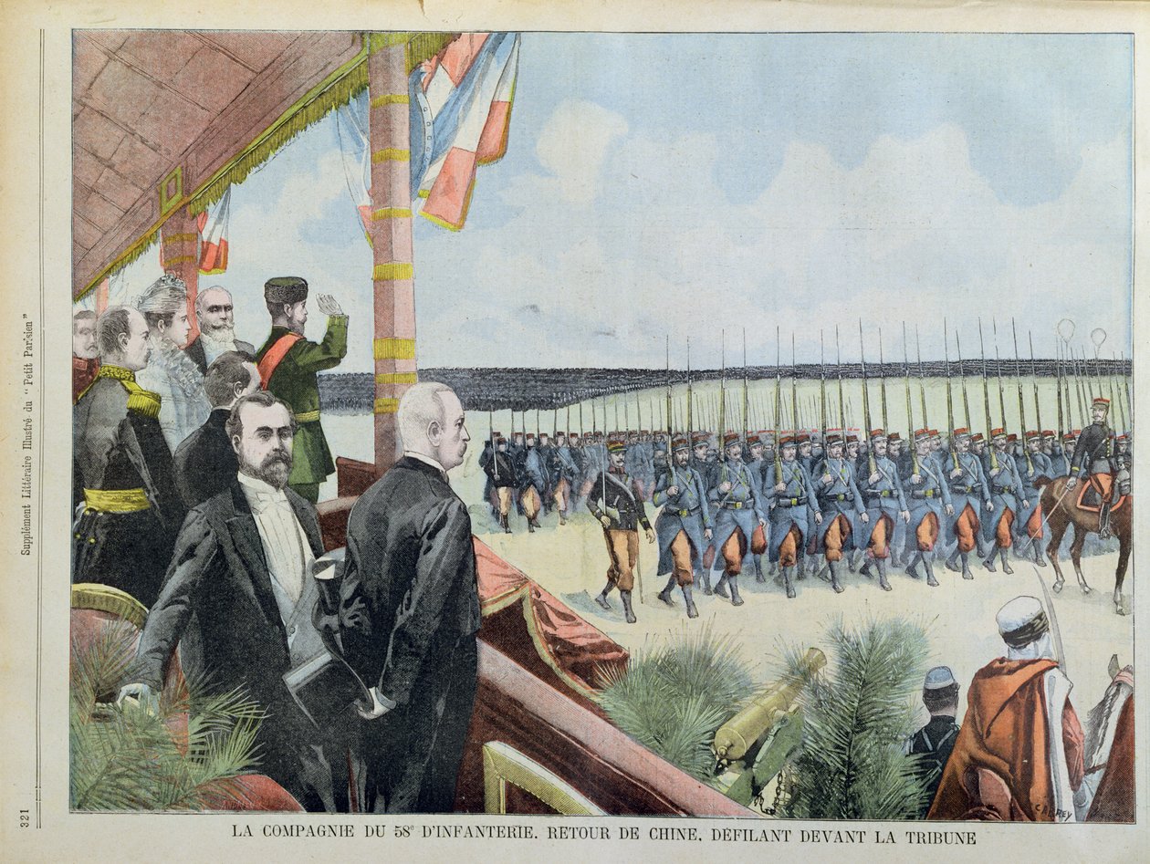 Prezydent Loubet i car Mikołaj II z żoną carycą Aleksandrą przeglądają 58. kompanię piechoty po powrocie z Chin, ilustracja z „Le Petit Parisien”, 29 września 1901 r. autorstwa Carrey