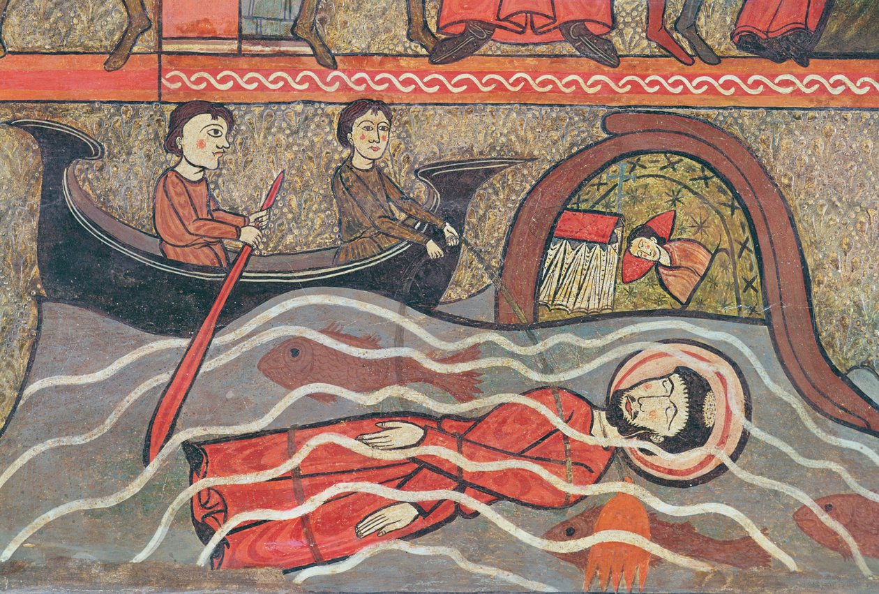 Męczeństwo św. Klemensa, fragment frontonu ołtarza ze scenami z życia św. Klemensa, z kościoła Sant Climent de Taüll, Vall de Boi, Alta Ribagorça, 2. poł. autorstwa Catalan School