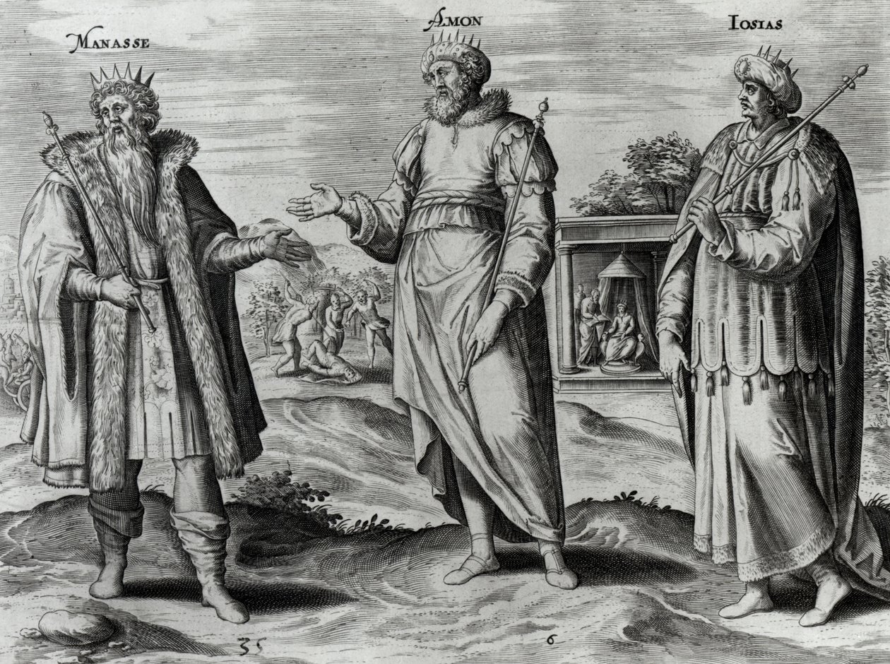 Manasses (697-642 pne) Amon (642-640 pne) i Jozjasz (640-609 pne) (rycina) (bw zdjęcie) autorstwa Dutch School