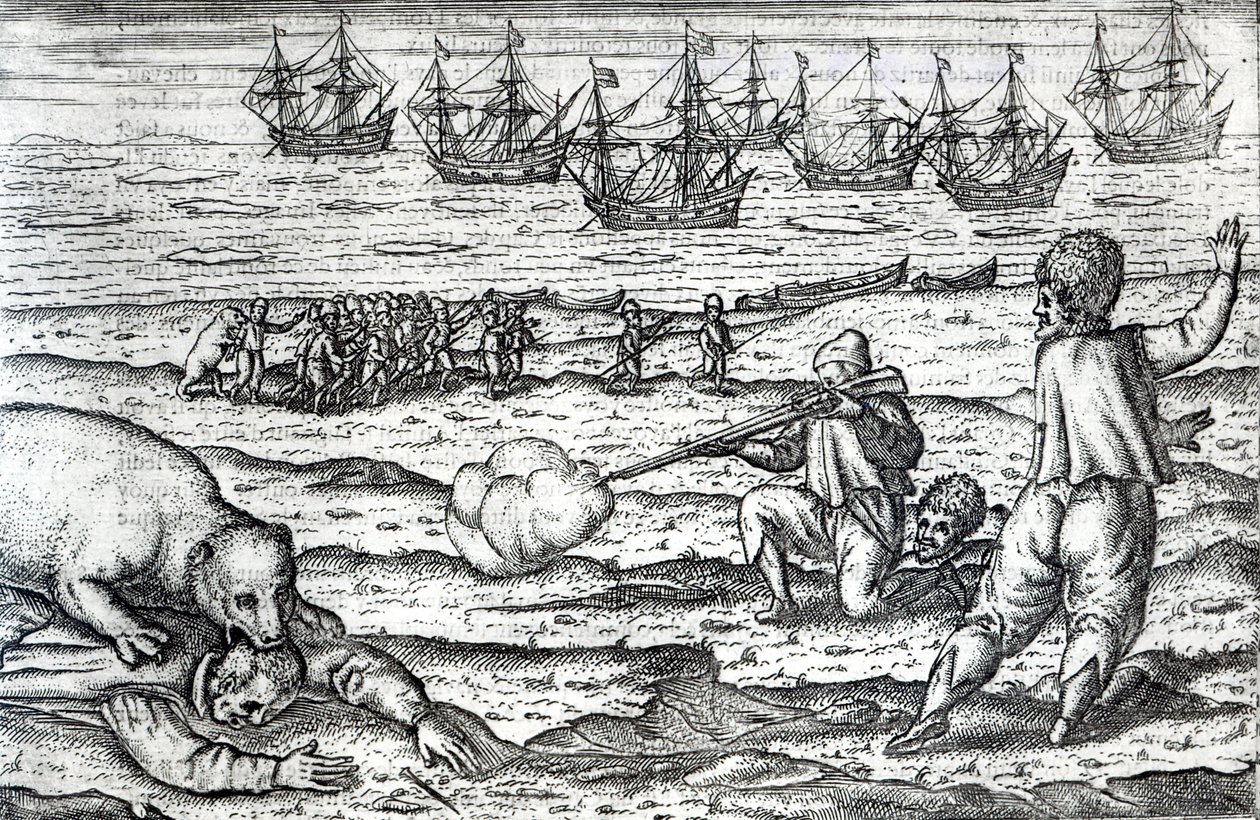Marynarze zaatakowani przez niedźwiedzie polarne, ilustracja z "Diarium Nauticum, czyli prawdziwy opis trzech godnych podziwu rejsów..." Gerrita de Veera, 1598 (rycina) autorstwa Dutch School