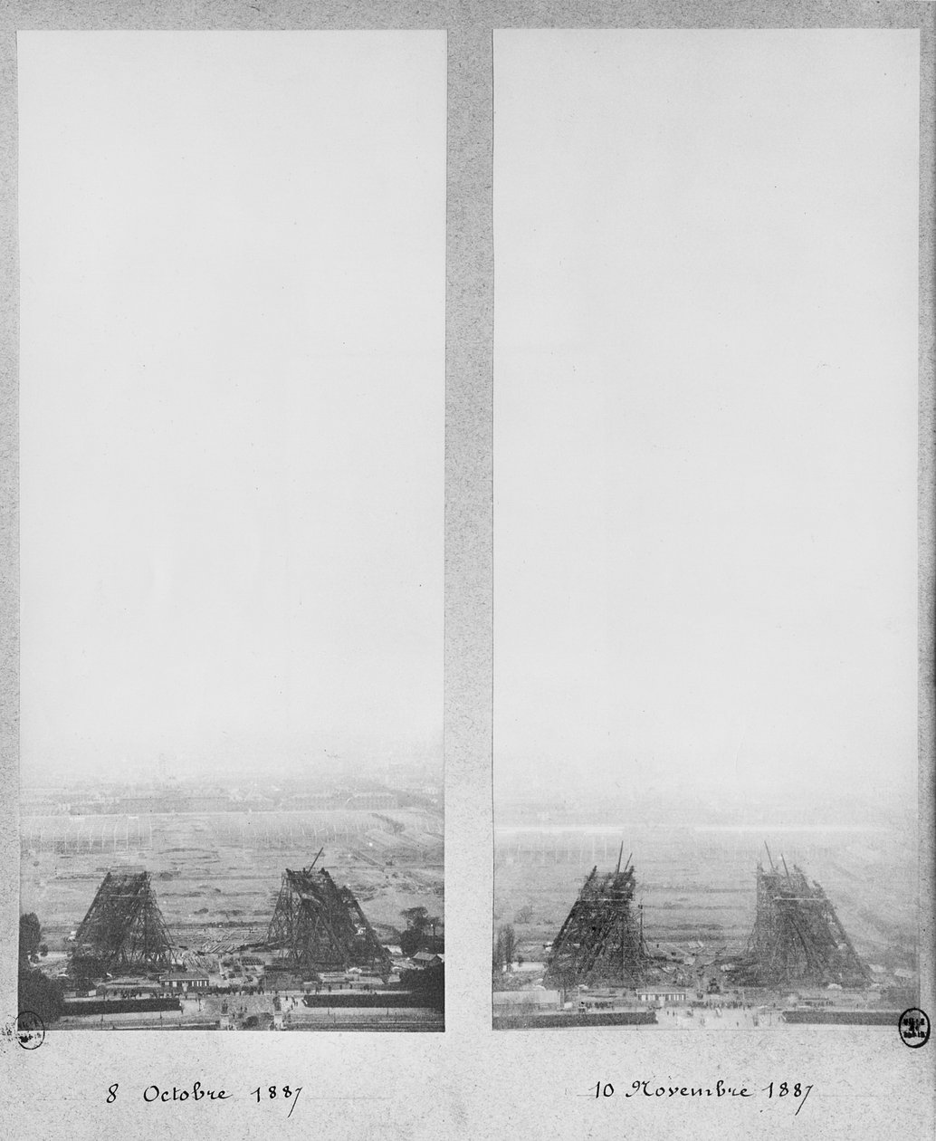 Dwa widoki na budowę Wieży Eiffla, Paryż, 8 października i 10 listopada 1887 r. autorstwa French Photographer