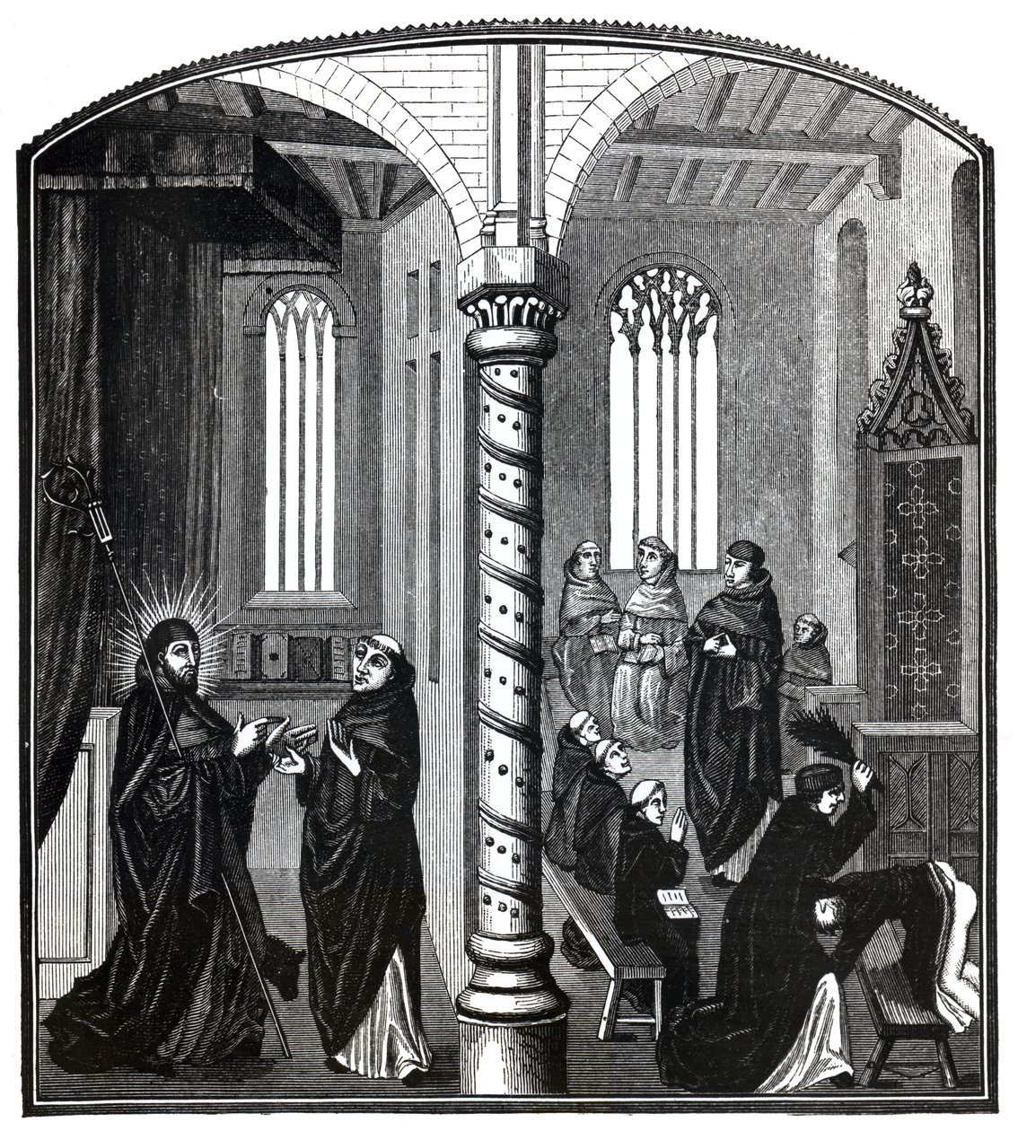 Brzoza w szkole żebrzących mnichów, z Ms.21 252, ilustracja z „Nauka i literatura w średniowieczu i renesansie”, napisana i rytowana przez Paula Lacroix, 1878 (b autorstwa French School
