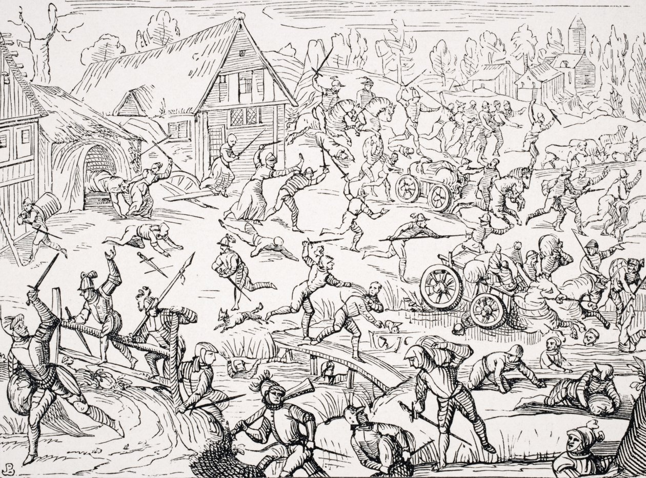 Wieś splądrowana przez żołnierzy, kopia drzeworytu z „Oldenburgisches Chronicon” Hamelmanna, wydana 1599, z „Le Moyen Age et La Renaissance” Paula Lacroix (1806-84) wydana 1847 autorstwa French School