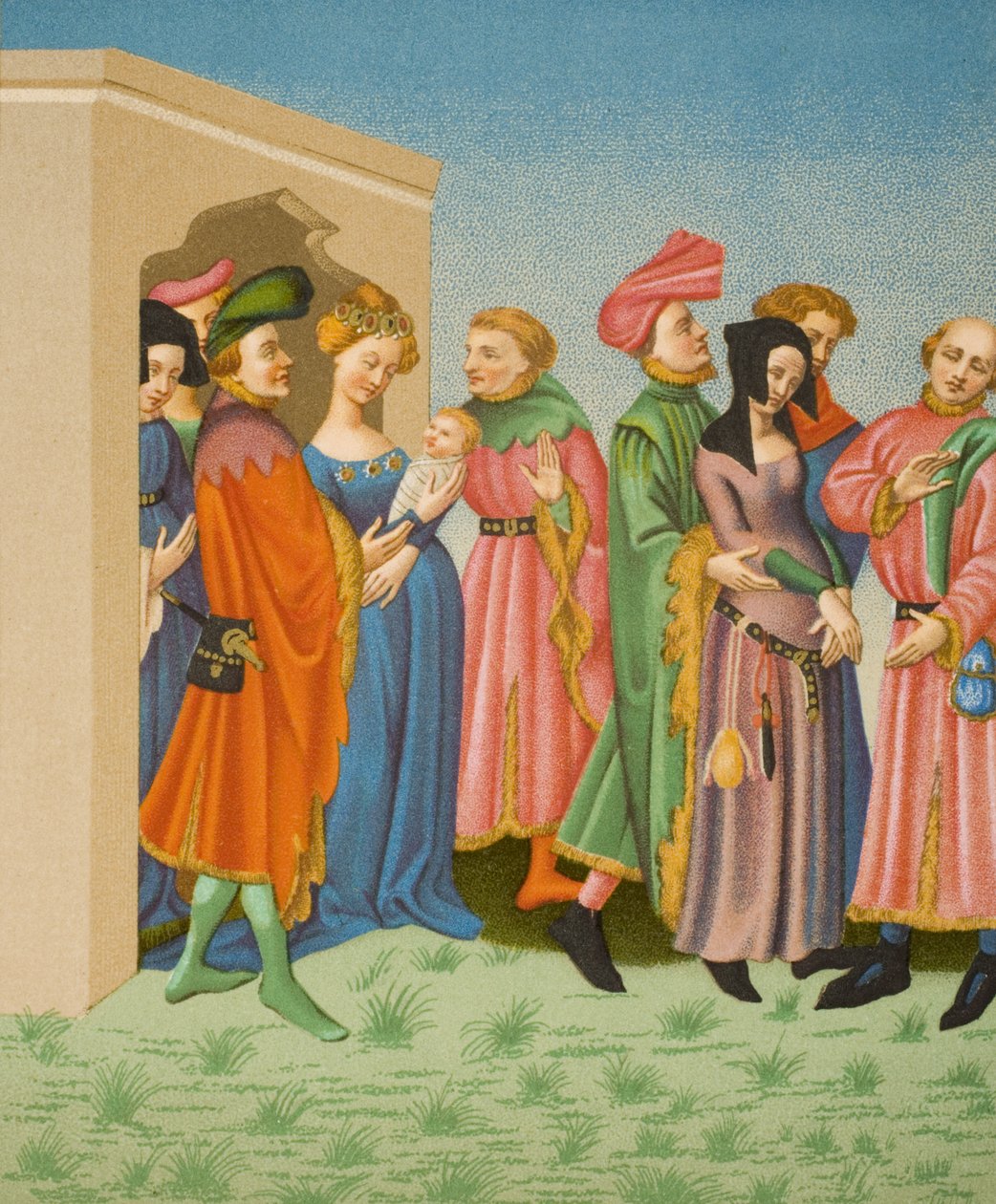 Orszak młodej matki, według miniatury w łacinie Terence należącej do króla Karola VI (1368-1422) z „Le Moyen Age et La Renaissance” Paula Lacroix (1806-84) opublikowanej w 1847 r. autorstwa French School