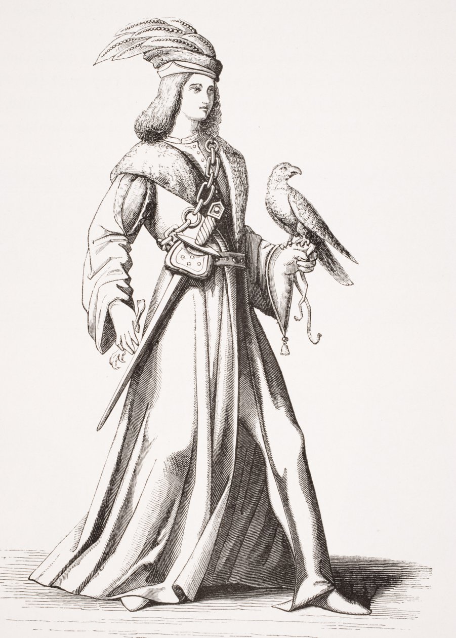 XV-wieczny szlachcic z Prowansji, według ilustracji w „Kostiumach od X do XVI wieku” Jeana Baptiste Bonnarta (1654-1726) z „Le Moyen Age et La Renaissance” Paula La autorstwa French School
