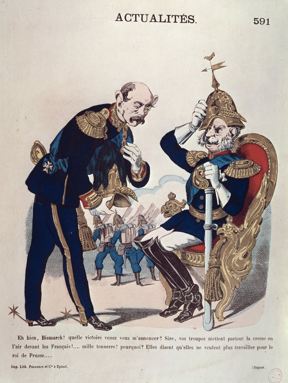 - Ach dobrze, Bismarck! O jakim zwycięstwie przyszedłeś mi opowiedzieć o...”, karykatura pruskiego cesarza Wilhelma (1797-1888) i kanclerza pruskiego Otto von Bismarcka (1815-98), ok. 1870 (kolor lito) autorstwa French School