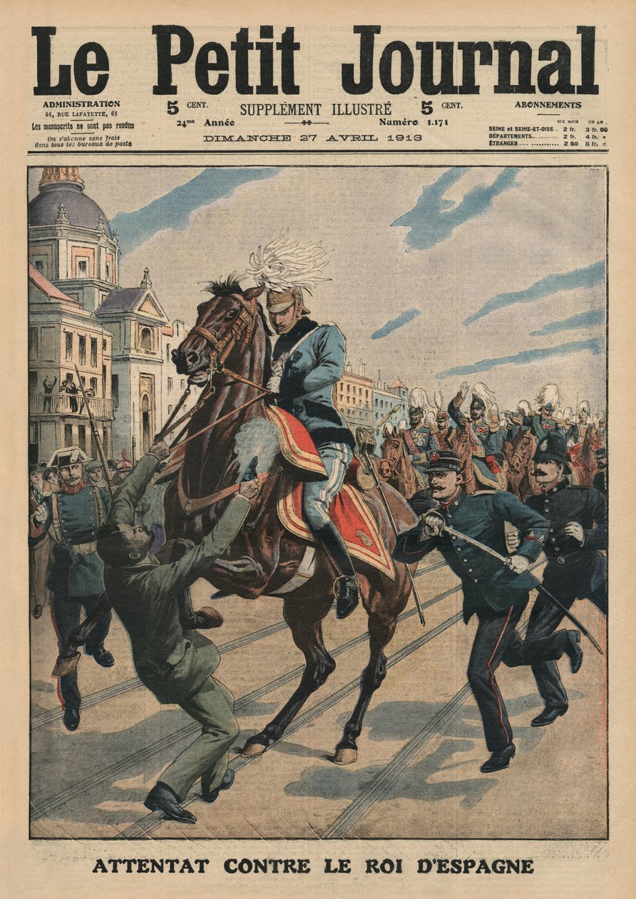 Zamach na króla Hiszpanii Alfonsa XIII, ilustracja na pierwszej stronie okładki z "Le Petit Journal", supplement illustre, 27 kwietnia 1913 r. autorstwa French School