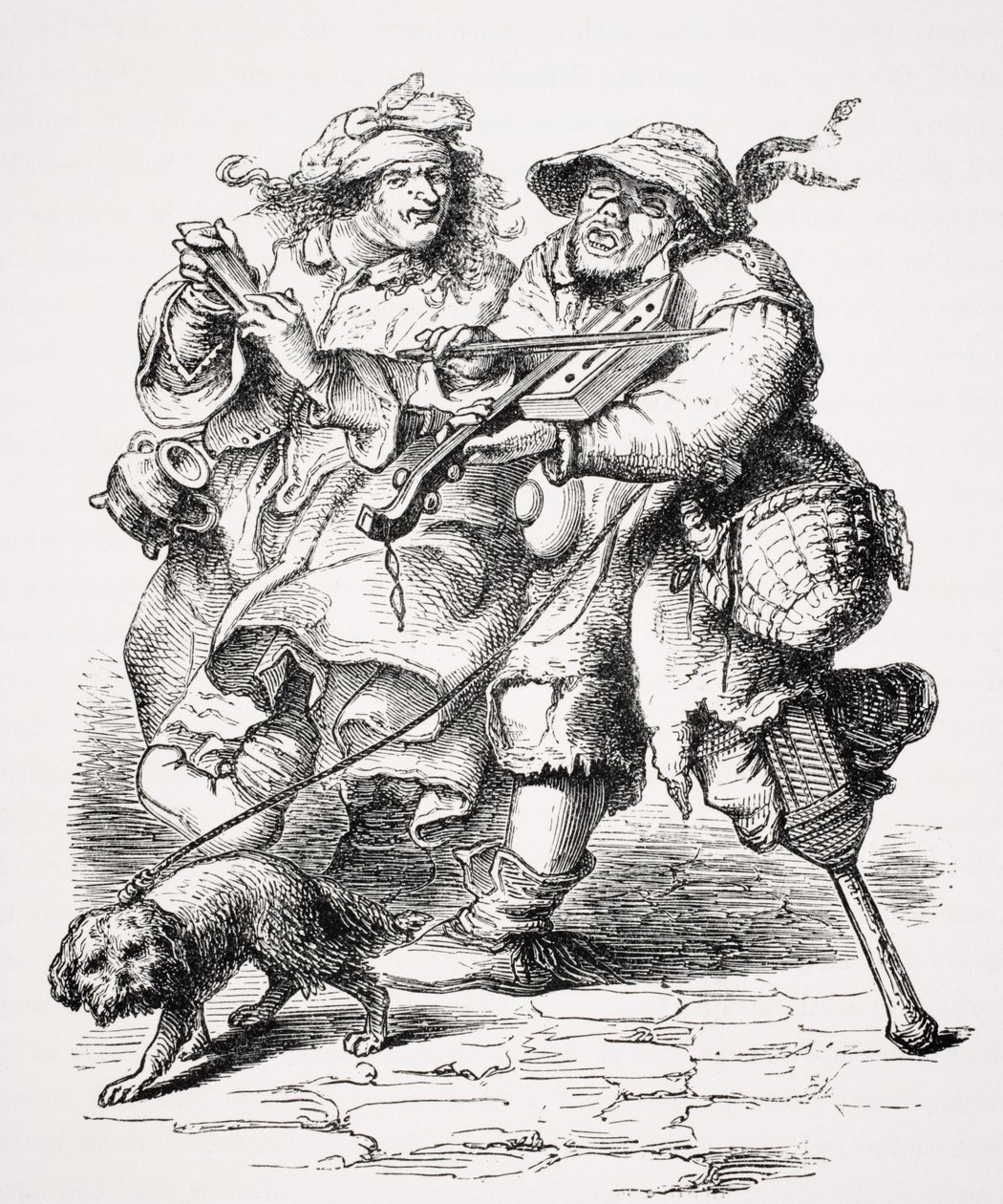 Żebrak grający na skrzypcach, jego żona akompaniująca mu z kośćmi, według ryciny z XVII wieku, z "Le Moyen Age et La Renaissance" Paula Lacroix (1806-84) opublikowanej w 1847 r. autorstwa French School
