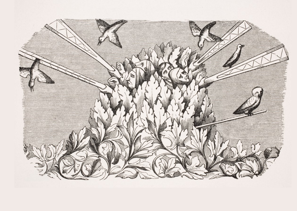 Łapanie ptaków za pomocą wysuwanych ramion przypominających maszynę, reprodukcja miniatury z XIV-wiecznego rękopisu „Livre de Roy du Modus”, autorstwa Henri de Ferrieres, z „Le Moyen Age et La Renaissance” Pau autorstwa French School