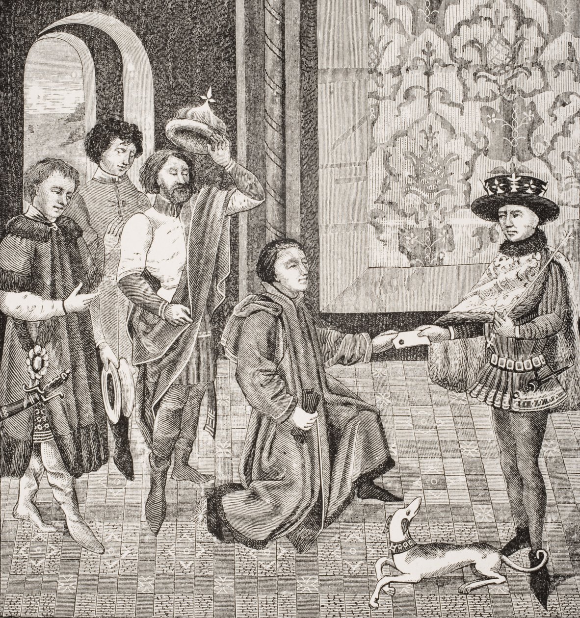 Karol, najstarszy syn Pepina, otrzymał wiadomość o śmierci swojego ojca, faksymile miniatury z „Historii cesarzy”, z „Le Moyen Age et La Renaissance” Paula Lacroix (1806-84) autorstwa French School