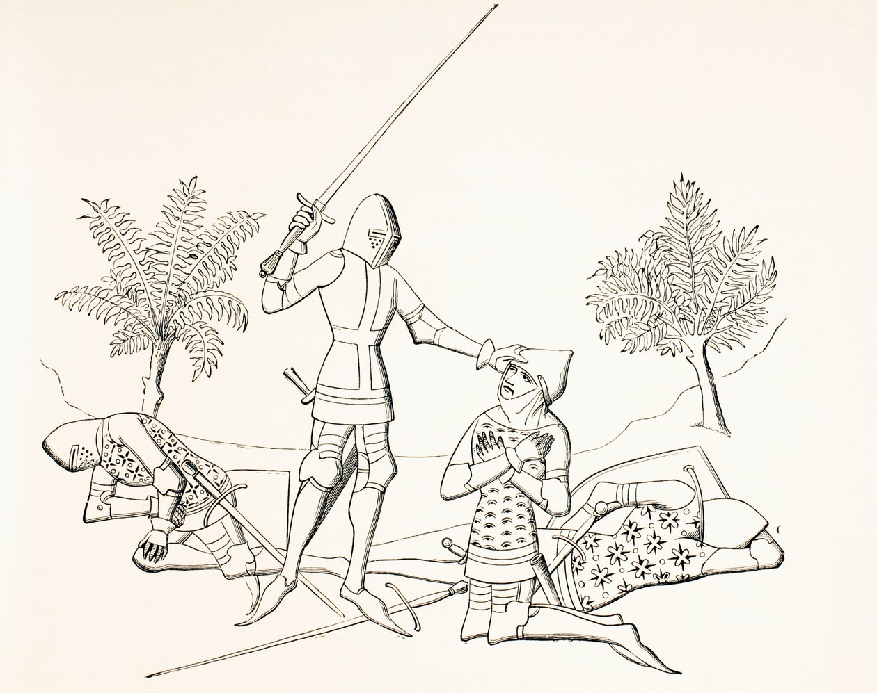 Nadanie tytułu rycerskiego na polu bitwy po zabiciu dwóch wrogów, z książki "Military and Religious Life in the Middle Ages" autorstwa Paula Lacroix, wydanej w Londynie ok. 1880 r. autorstwa French School