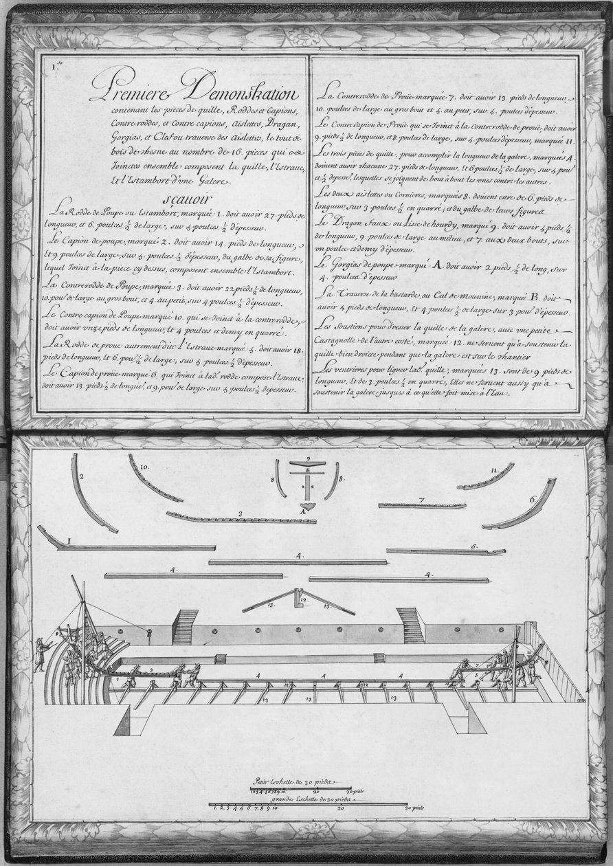 Budowa kuchni, pierwszy pokaz, tablica 1, ilustracja z „Pokazów wszystkich kawałków drewna, gwoździ i okuć, które wchodzą w budowę kuchni…” (ołówek i w autorstwa French School