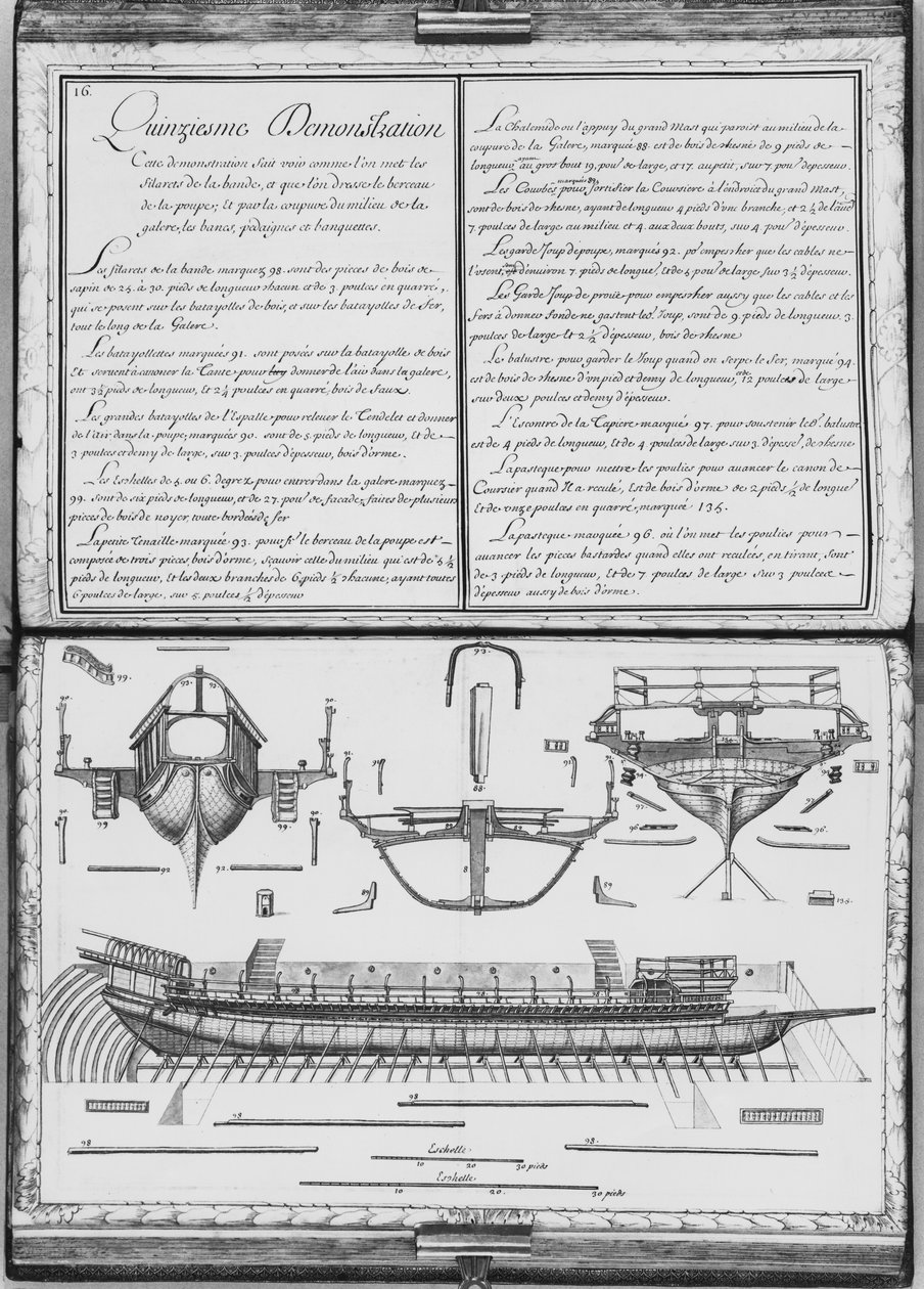 Budowa galery z dziobem i rufą, pokaz piętnasty, tablica 16, ilustracja z "Demonstrations de toutes les pieces de bois, cloux et ferremens qui entrent dans la construc autorstwa French School