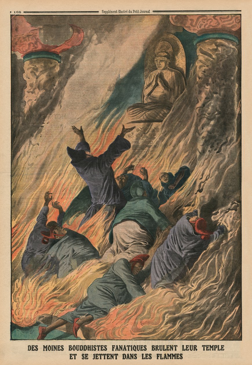 Fanatyczni buddyjscy mnisi podpalają świątynię i rzucają się w płomienie, Wyspa Formosa, ilustracja na tylnej okładce z „Le Petit Journal”, dodatek ilustr., 25 maja 1913 (kolor podświetlony autorstwa French School