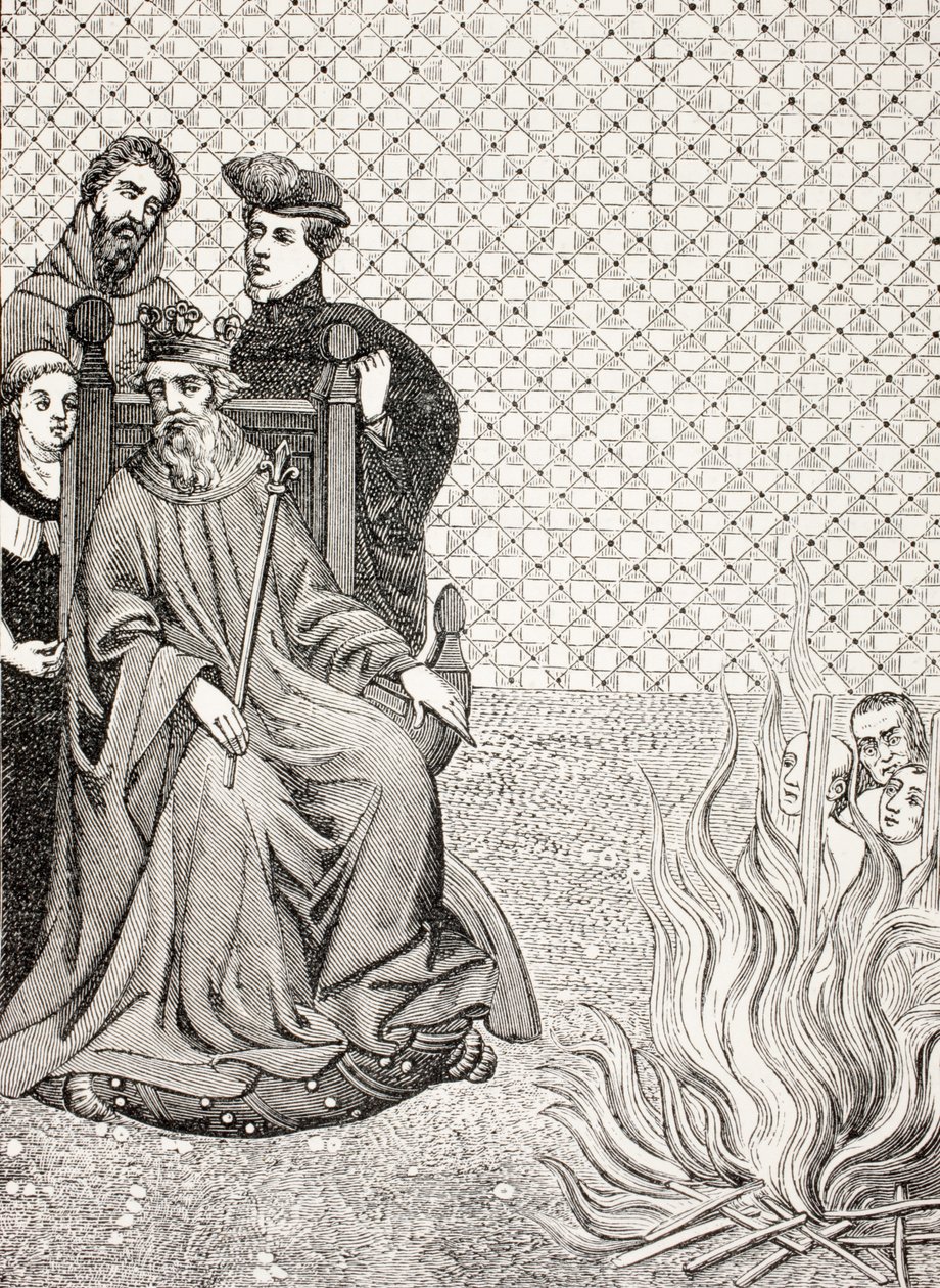 Zwolennicy Amalryka z Beny zostają spaleni przed bramami Paryża na rozkaz króla Filipa II Augusta, ok. 1208, z książki „Życie wojskowe i religijne w średniowieczu” Paula Lacroix, opublikowanej w Lon autorstwa French School