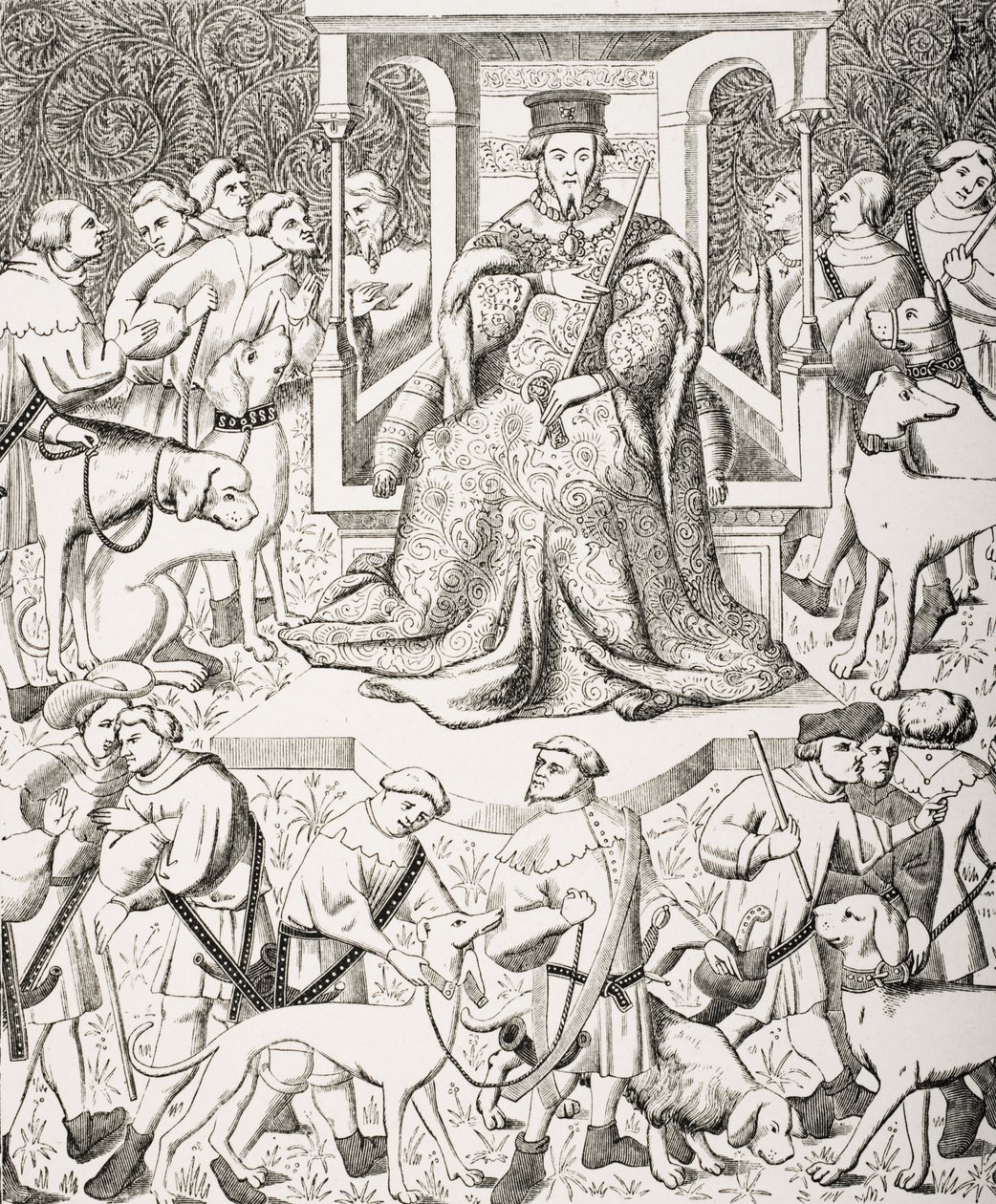 Gaston Phoebus (1331-91) Nauczanie sztuki venery lub polowania, po XV-wiecznej miniaturze Phoebusa i jego sztabu polującego na dzikie zwierzęta i ptaki drapieżne, z „Le Moyen Age et La Renaissance” autorstwa autorstwa French School